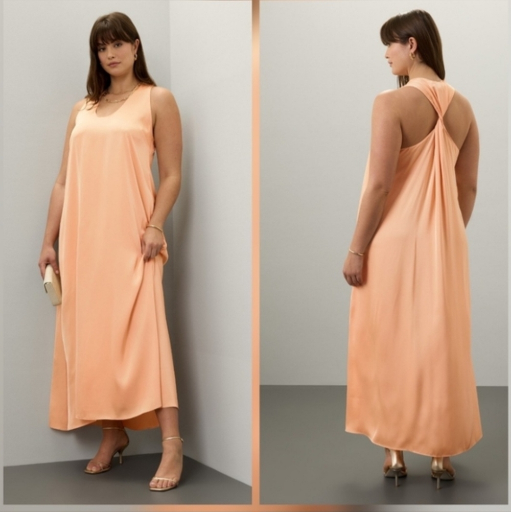 Rosetta Getty Twist Back Shift Dress Peach Satin Casual Sleeveless Scoop Neck